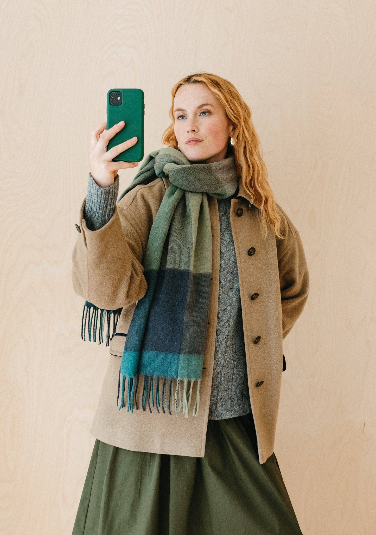 Lambswool Oversized Scarf in Green Edge Check