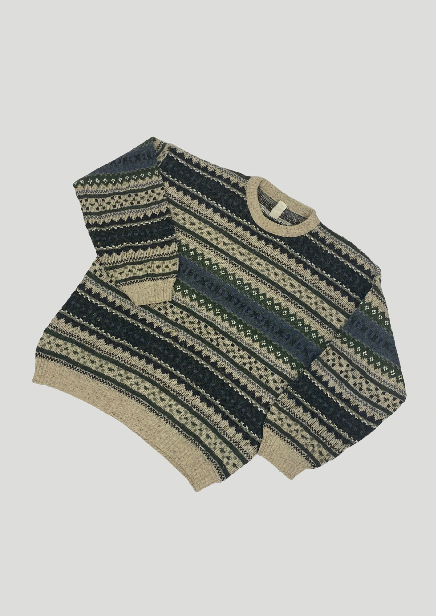 Khaki and White Pattern Knit Jumper - Size L