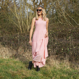 Paula Gingham Knitted Midi Dress - Soft Pink
