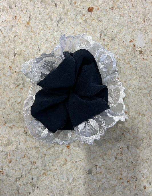 Upcycled Lace Scrunchies - Dark navy and white