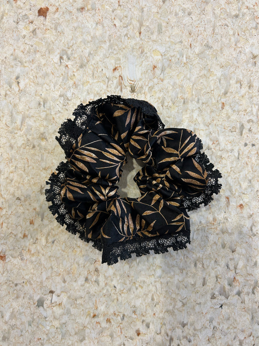 Upcycled Lace Scrunchies -Black leafs