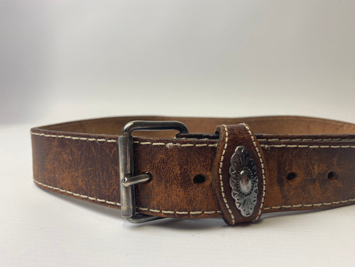 Brown Leather Belt with White Stitching