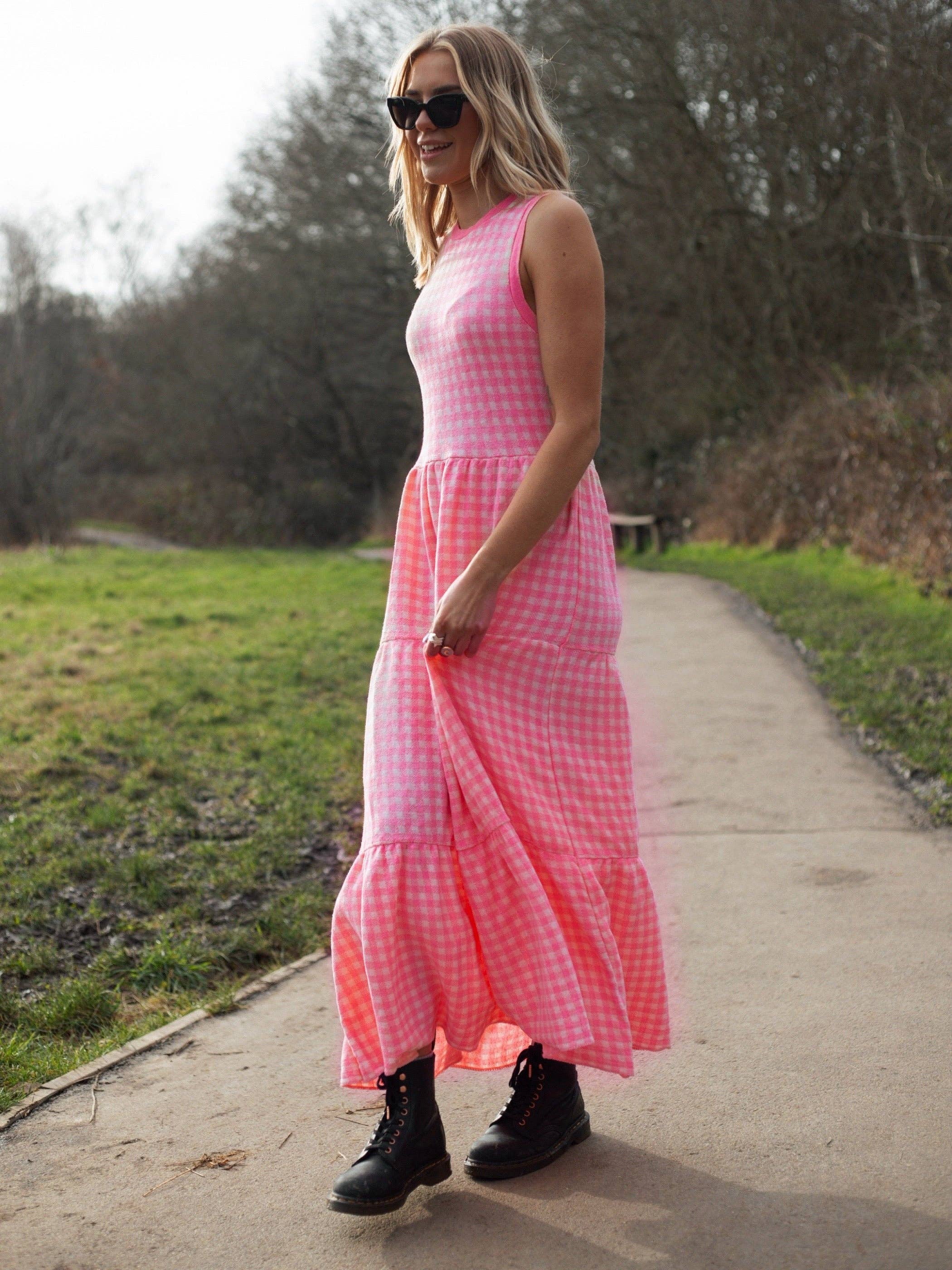 Paula Gingham Knitted Midi Dress - Hot Pink