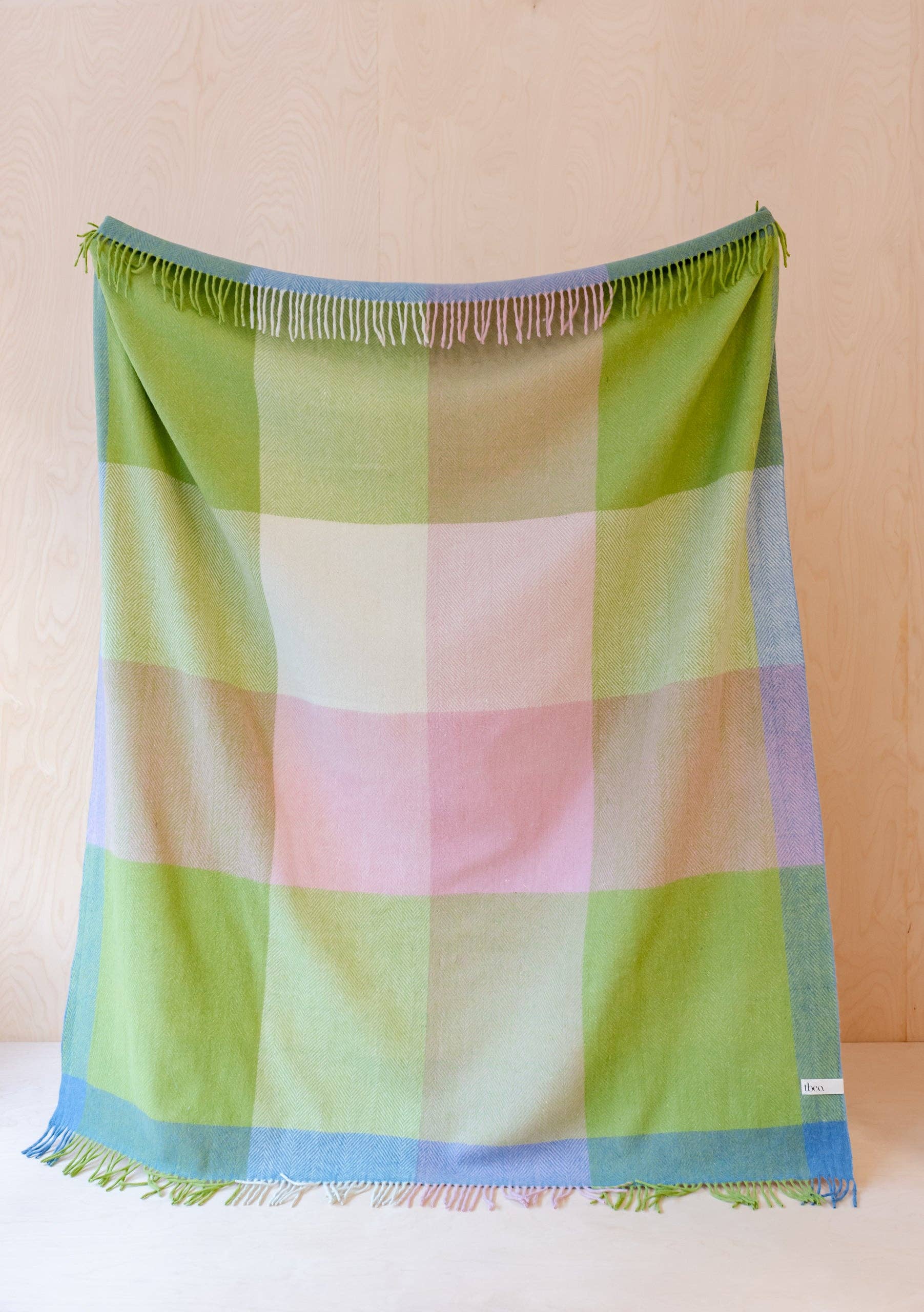 Recycled Wool Blanket in Green Herringbone Check