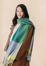 Load image into Gallery viewer, Lambswool Oversized Scarf in Green Edge Check
